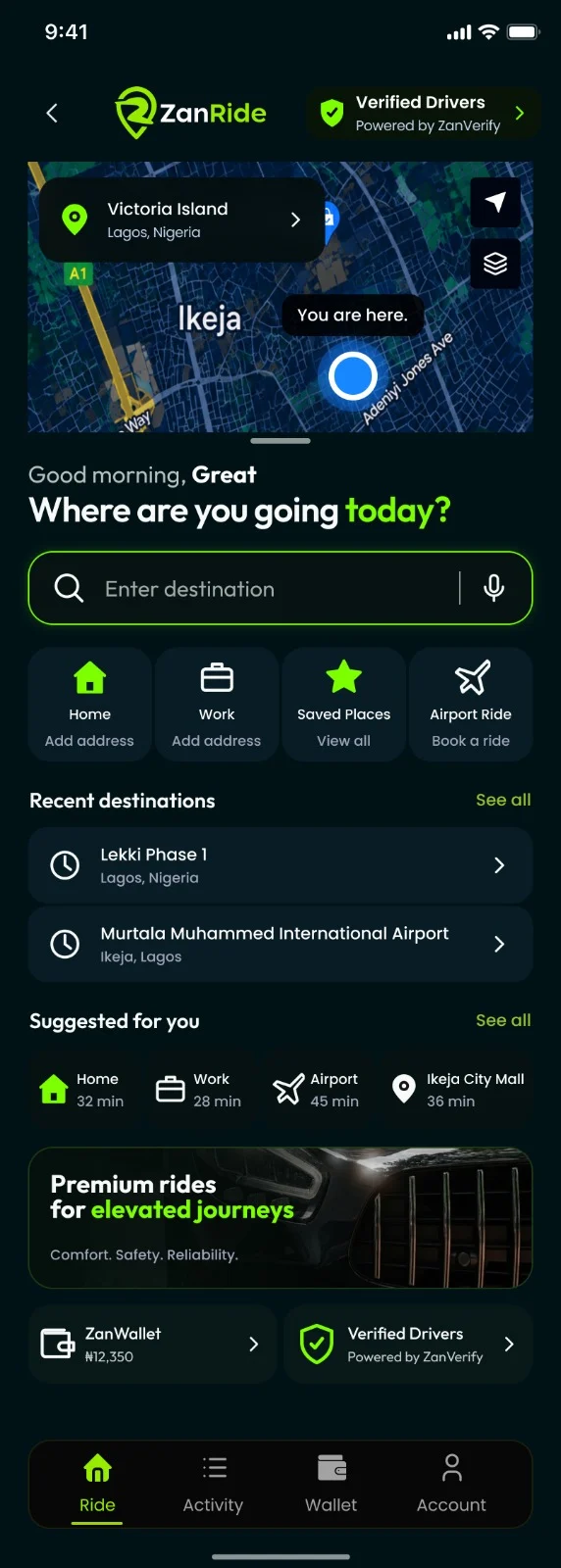 ZanRide app home concept with destination search, saved places and verified driver information