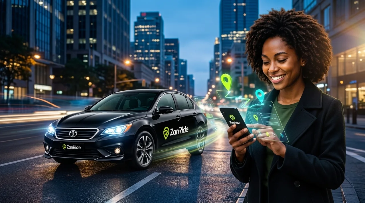 ZanRide lifestyle artwork showing a rider using the app beside a branded car on a city street